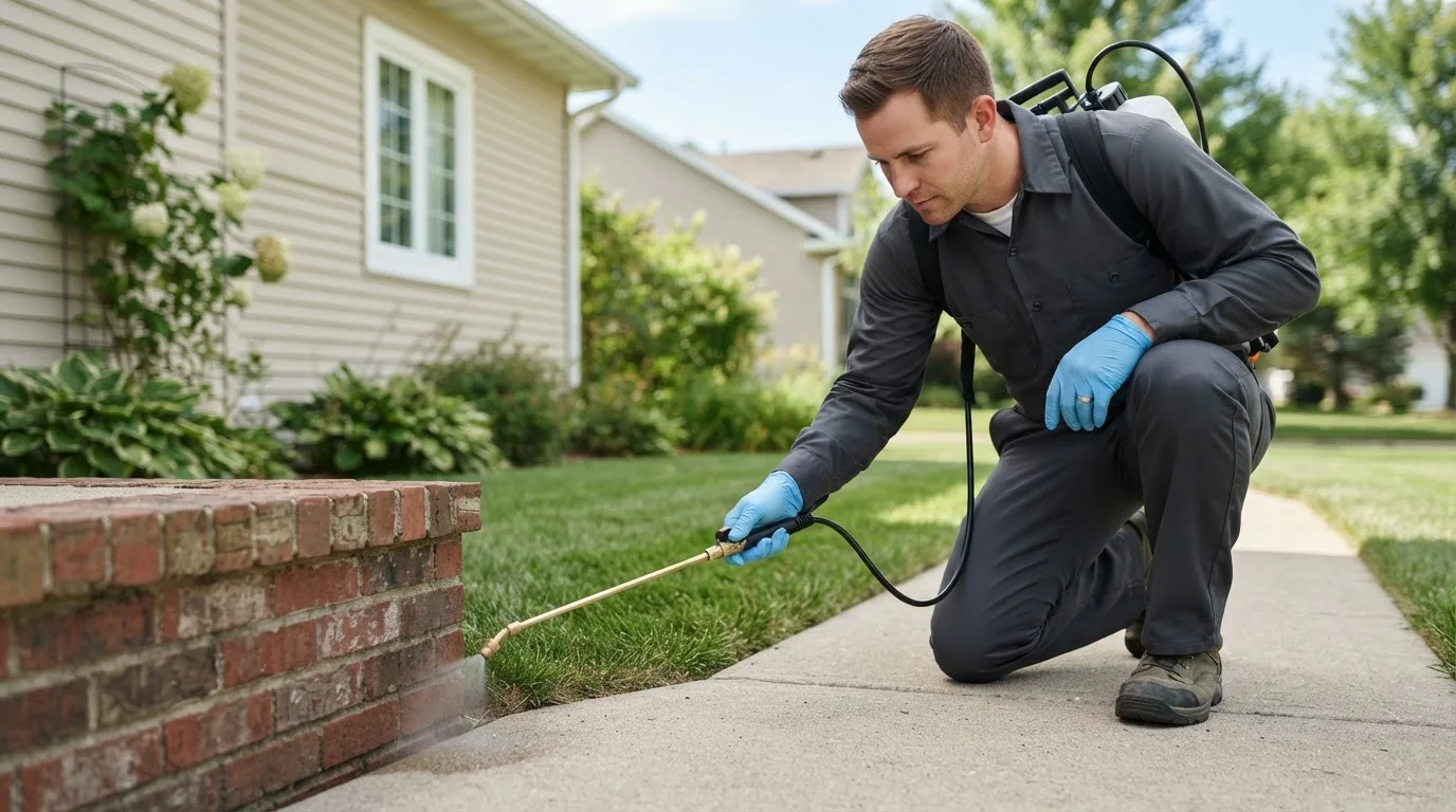 Pest control technician treating a home near Weaverville, CA